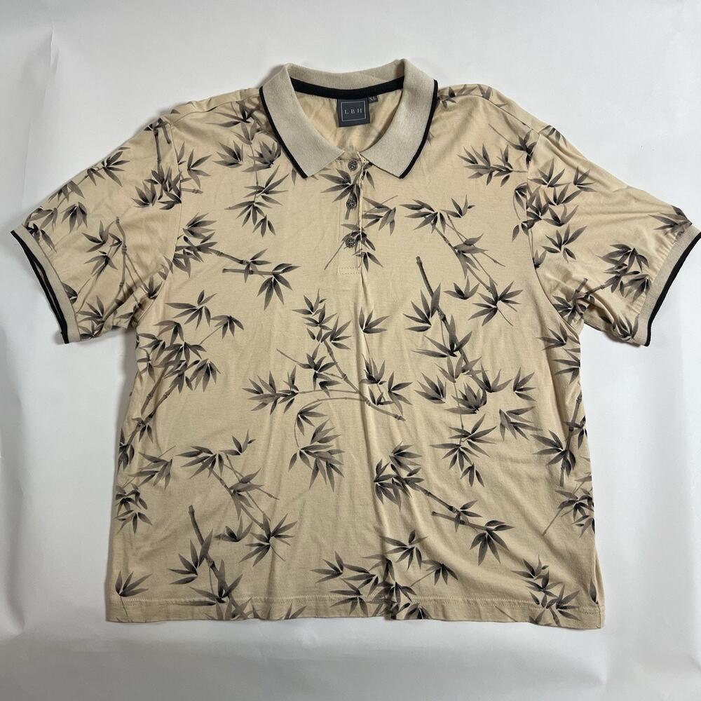 LBH Men's XL Polo Shirt‎ Beige Floral Bamboo Leaf Tropical S/S Cotton Rayon